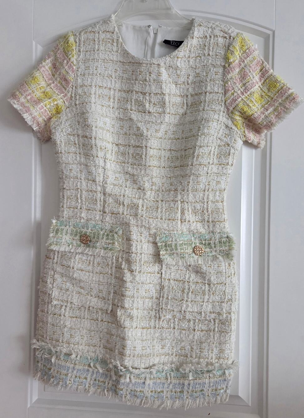 VICI Collection Colorblock Tweed Frayed Mini Dress Cream Pastel Size M NWOT